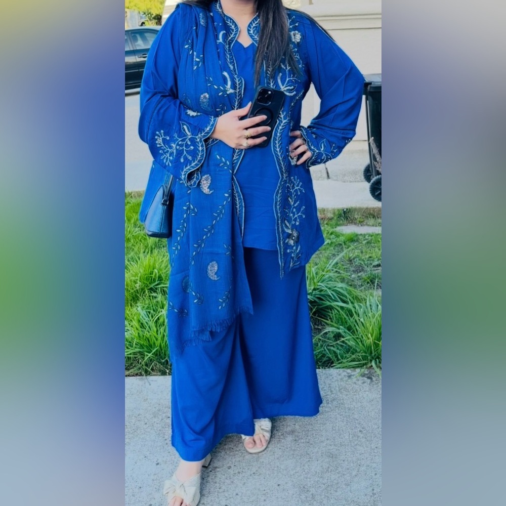 Elegant Blue Embroidered Outfit 3 pc set jacket inner and pant scarf not include